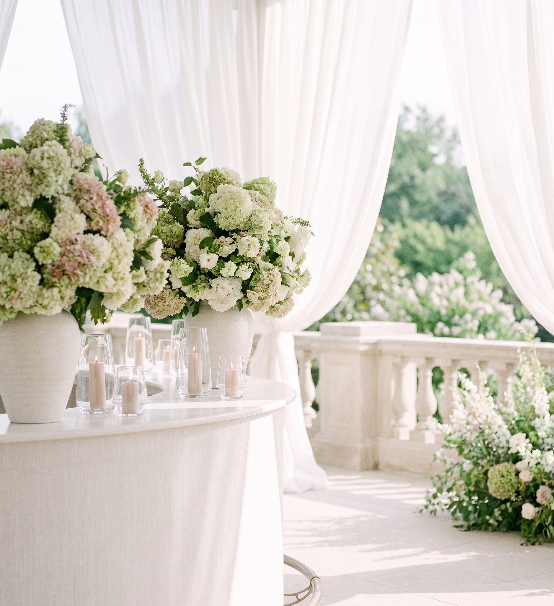 Grand hydrangea bar installation on an elegant summer wedding terrace — Los Angeles wedding florist, Pink Clover