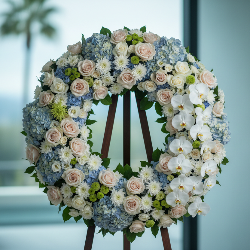 Heavenly Tribute Wreath - pink and white wreath delivery in Los Angeles by Pink Clover