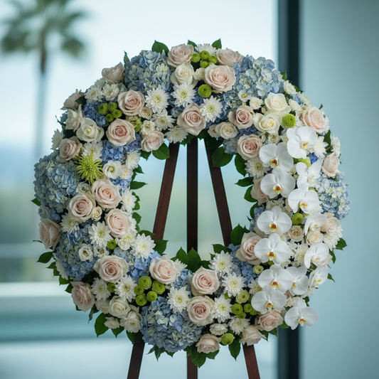 Heavenly Tribute Wreath - pink and white wreath delivery in Los Angeles by Pink Clover