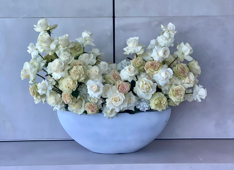 Majestic white rose arrangement — Hollywood corporate flower delivery