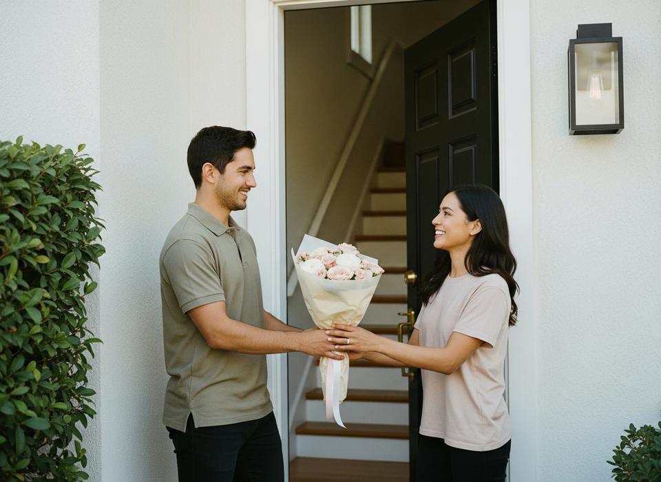 Flower delivery courier handing a bouquet at a Los Angeles home entrance — same-day Hollywood delivery