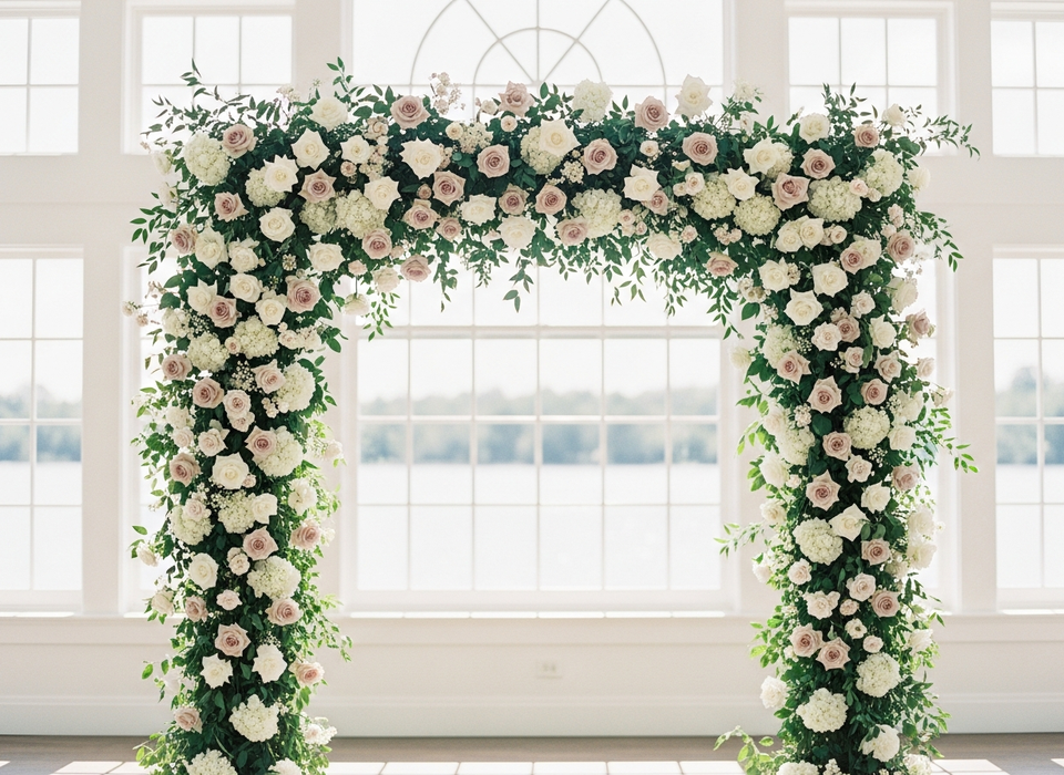 White and blush wedding ceremony floral arch in Hollywood