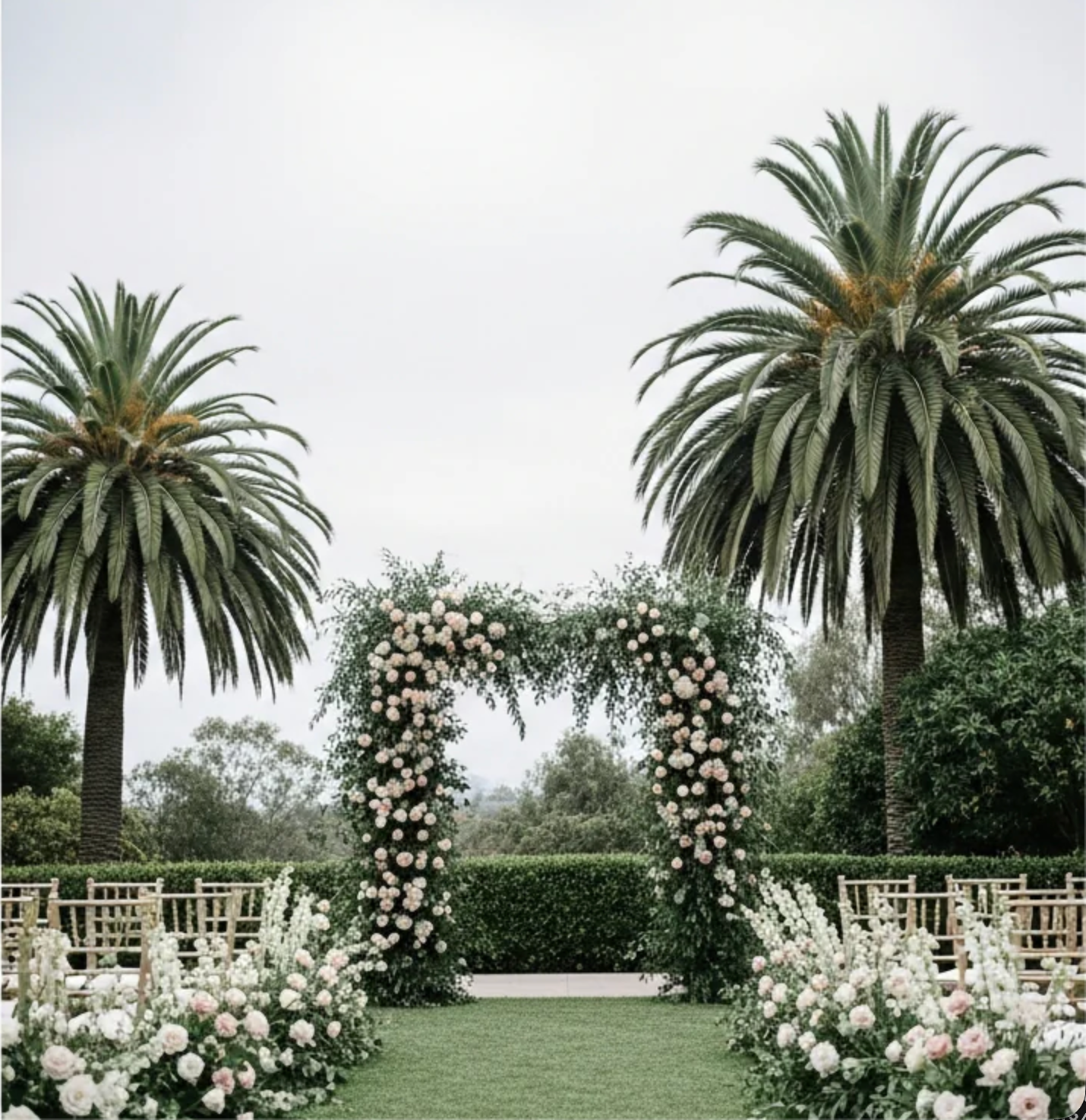 Outdoor Wedding arch, Pink Clover lush greenery, pale pink & white roses, romantic garden style Los Angeles.