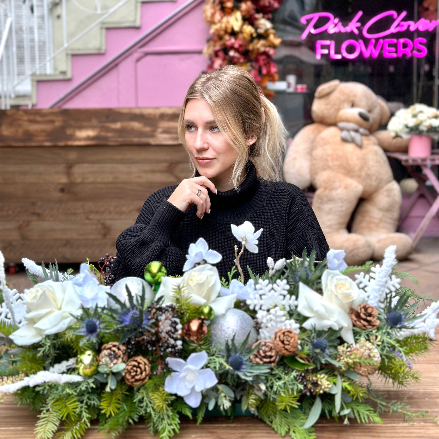 White Christmas bouquet roses Beverly Hills florist Pink Clover