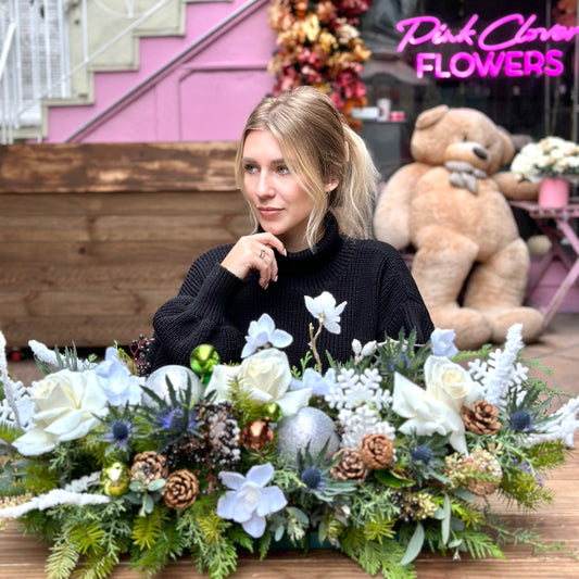 White Christmas bouquet roses Beverly Hills florist Pink Clover