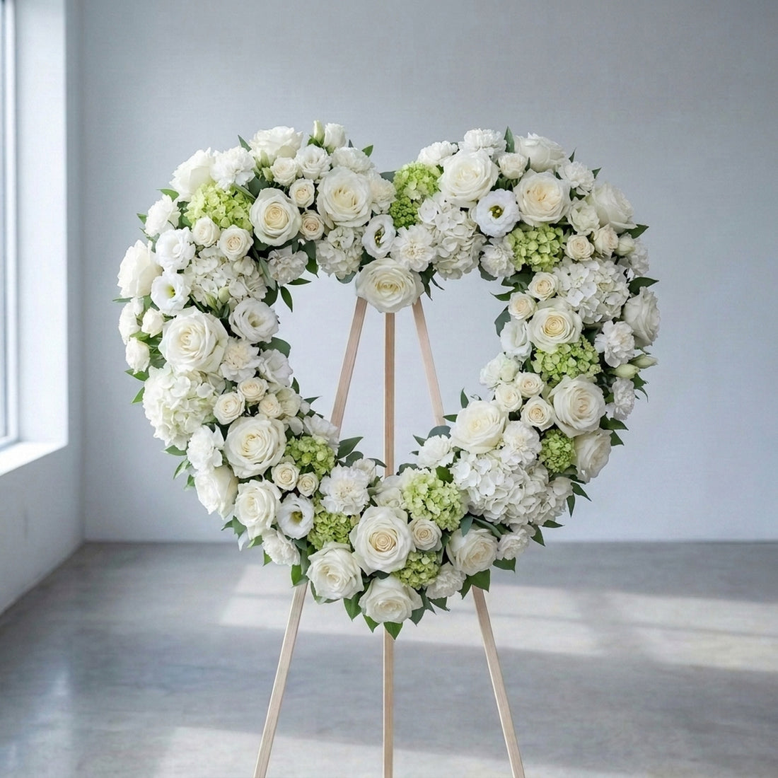 Ivory Heart - white and green heart funeral tribute delivery in Los Angeles by Pink Clover