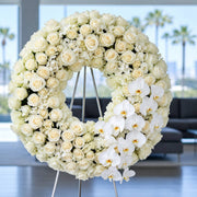 Orchid Wreath of white roses and phalaenopsis orchids, Los Angeles - Pink Clover