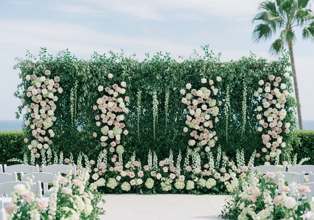 Pink Clover Grande Floral Backdrop: Lush wall of pale pink roses, white hydrangeas, delphiniums, green