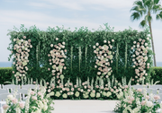 Pink Clover Grande Floral Backdrop: Lush wall of pale pink roses, white hydrangeas, delphiniums, green