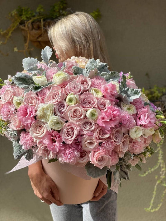 Elegant pink rose and hydrangea arrangement in a dreamy color palette, perfect for romantic occasions and upscale gifting