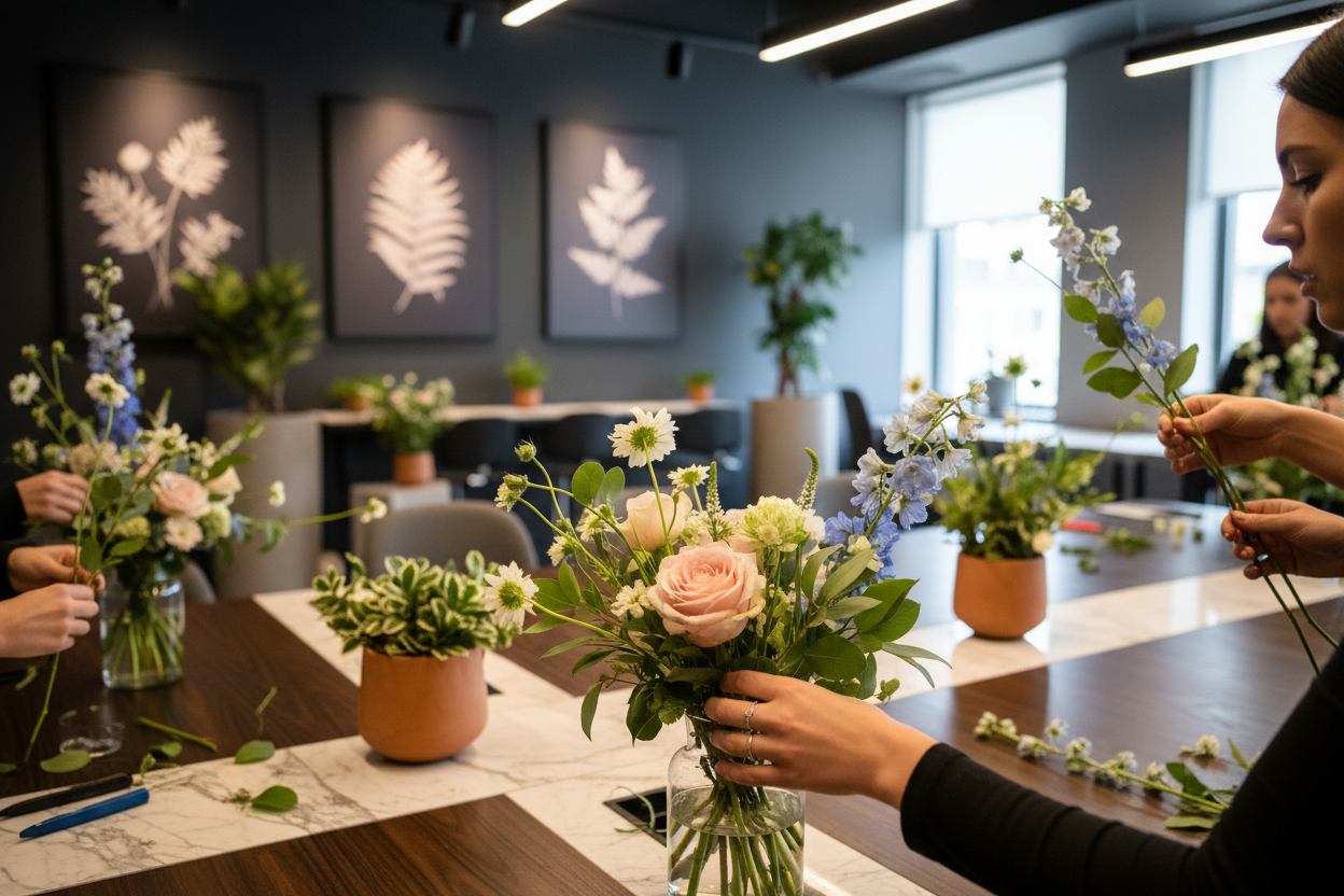 realistic cinematic picture close up of young women making garden-style flower arrangement on a floral team building workshop in a dark modern office with a marble and wooden modern design and some plants