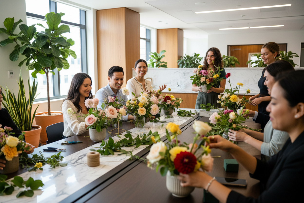 realistic cinematic picture of team making garden-style flower arrangement on a floral team building workshop in a modern office with a marble and wooden modern design and some plants