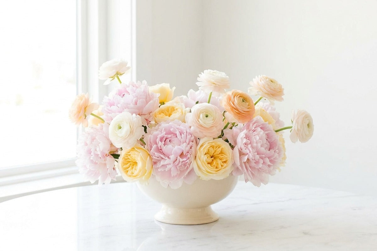 Cheerful low pastel flower arrangement in a footed bowl on marble — same-day birthday flowers Los Angeles