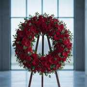 Round red rose sympathy wreath on easel, Los Angeles funeral flower delivery