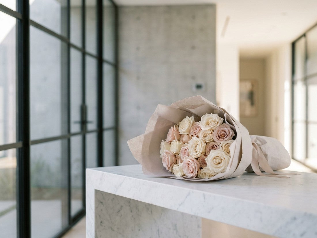 wrapped bouquet ready for delivery on marble in LA