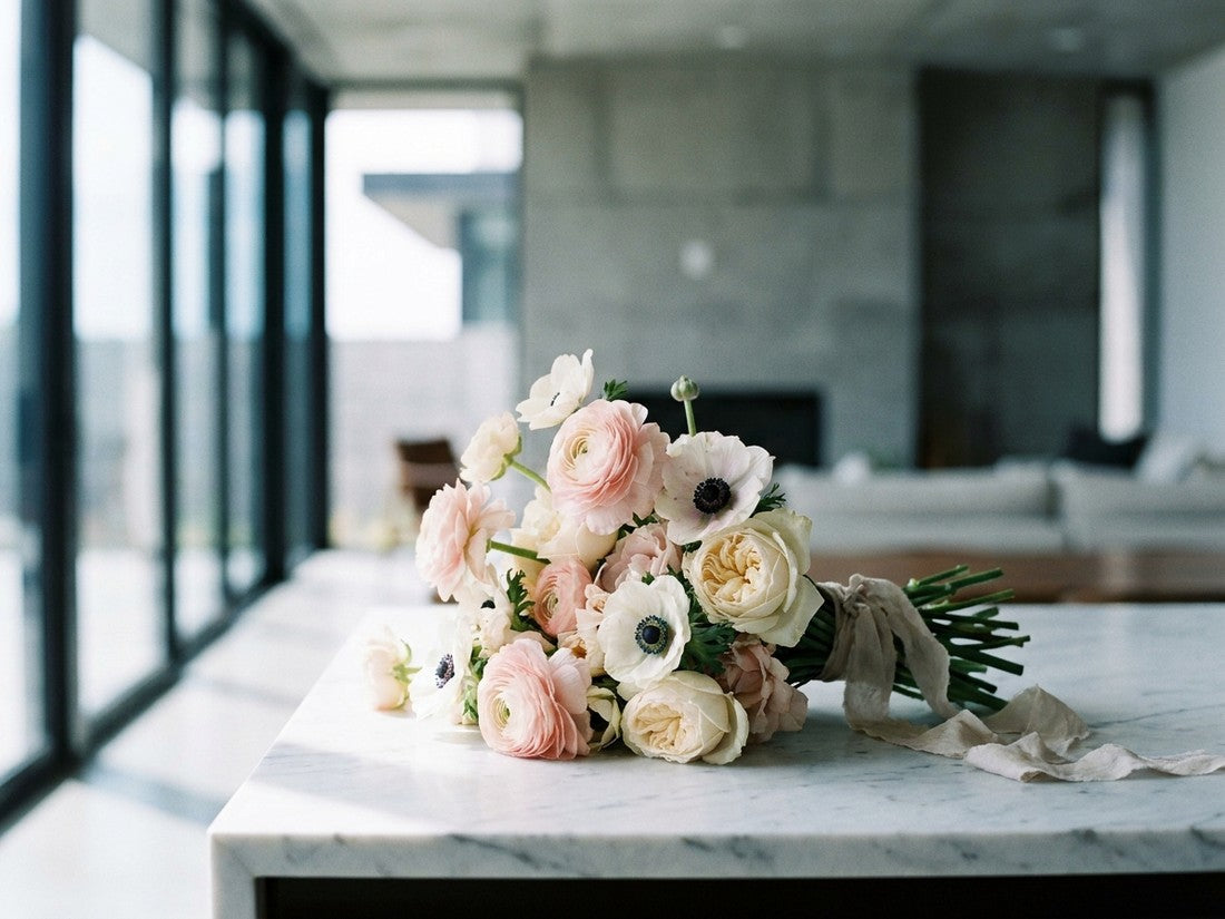 hand-tied seasonal bouquet on marble