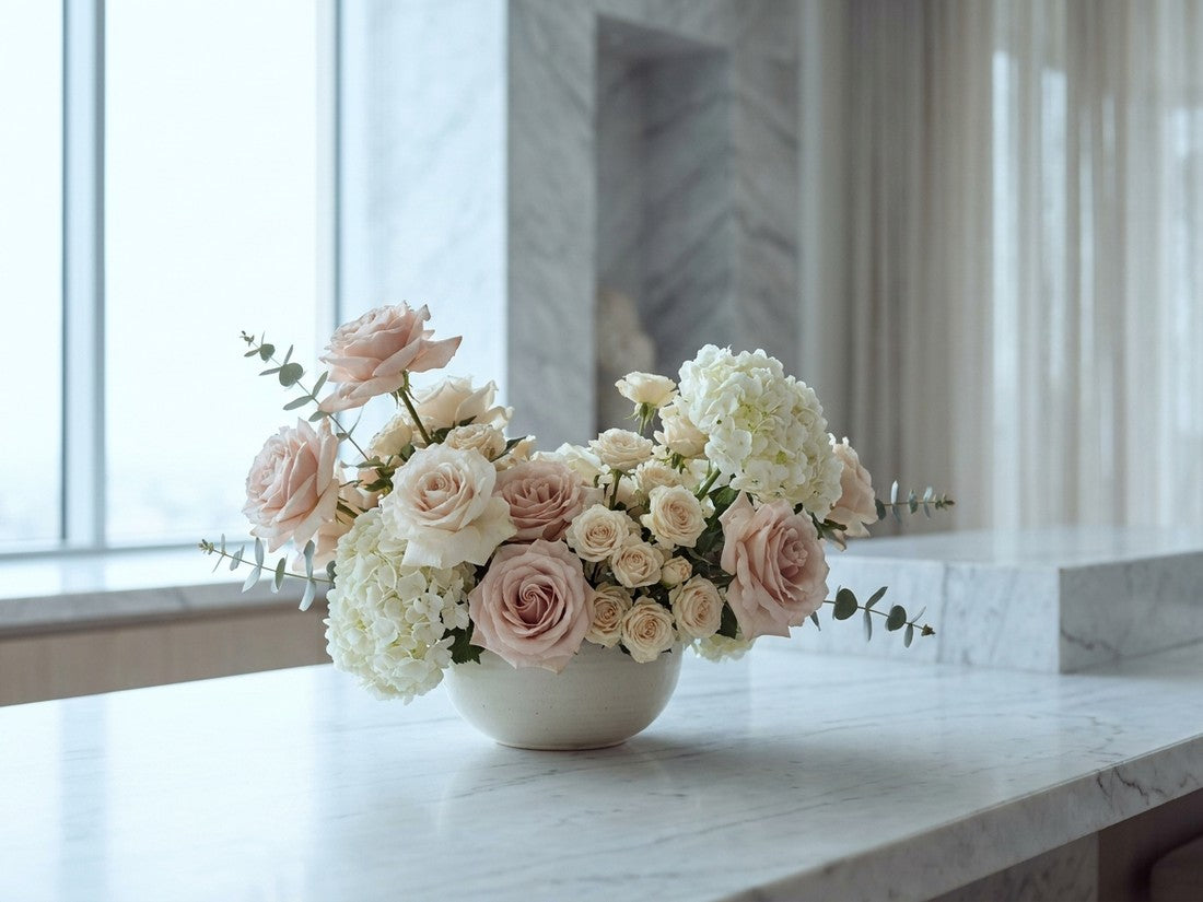 designed flower arrangement on marble