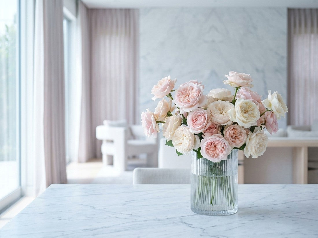 luxury garden rose arrangement on marble