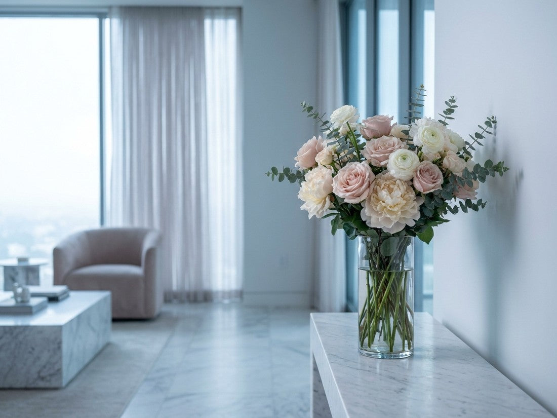fresh flower arrangement on marble by a window in LA