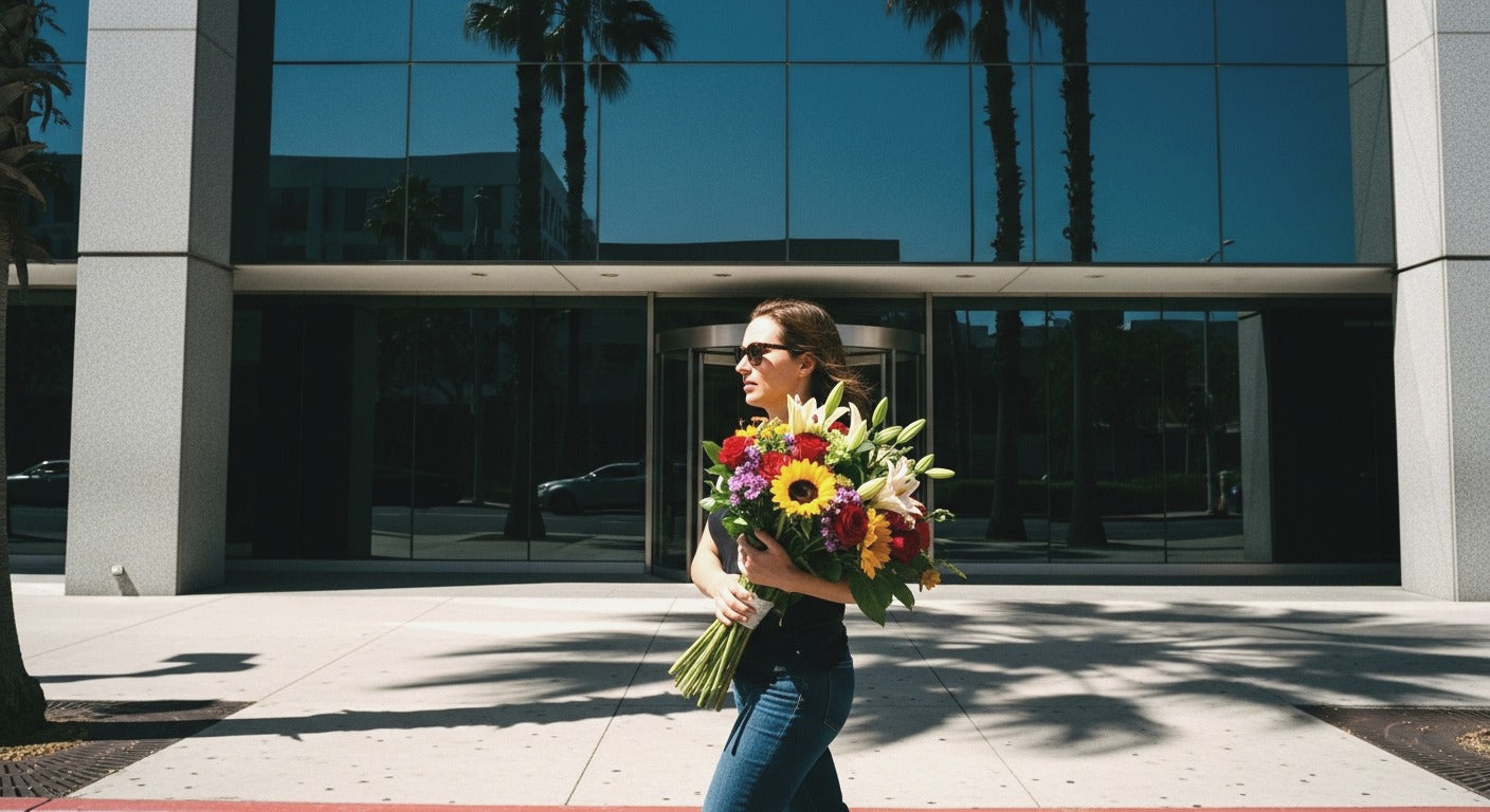 Flowers carried outside a Santa Monica office building - Pink Clover