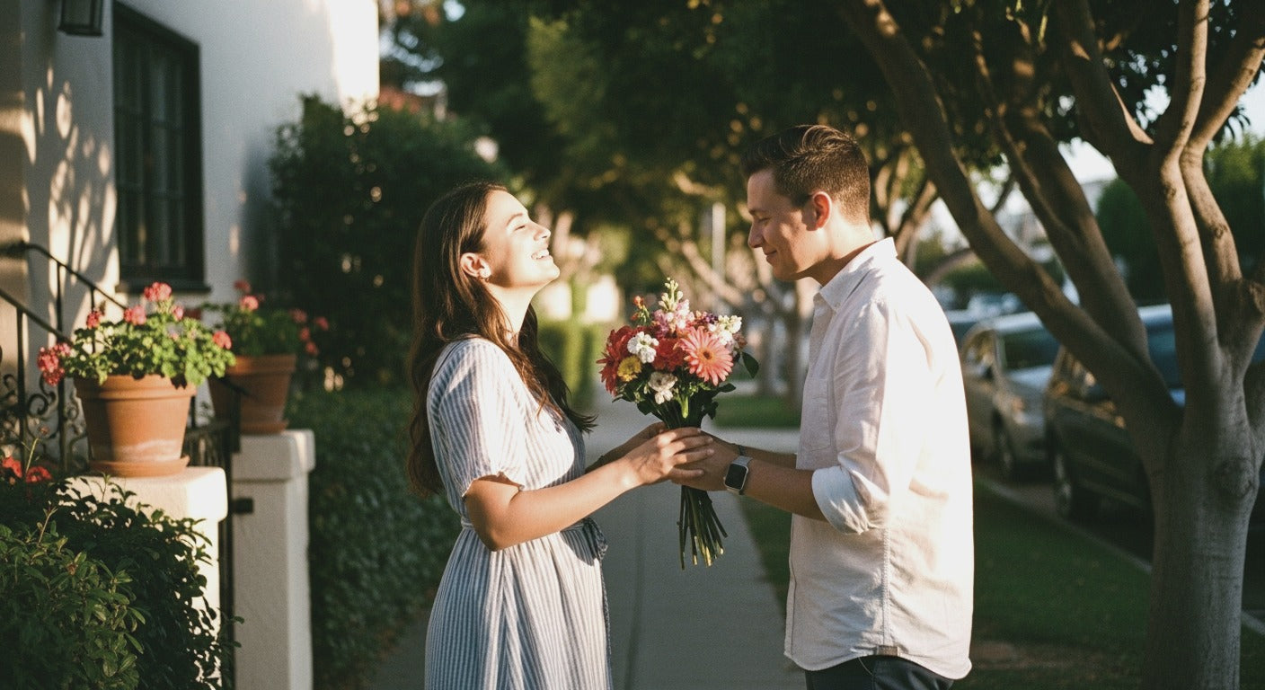 Couple exchanging flowers in Santa Monica - Pink Clover