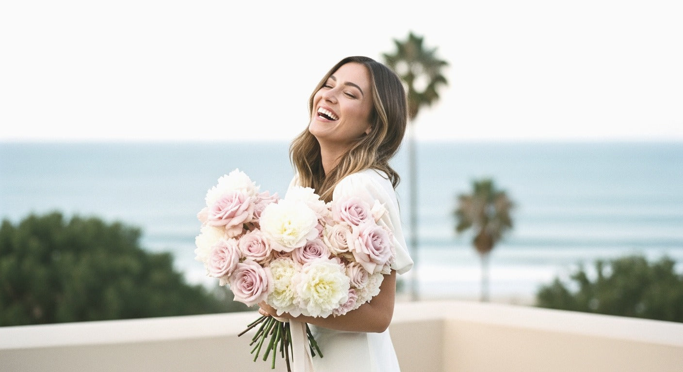 Woman holding a luxury blush bouquet on a Santa Monica terrace - Pink Clover
