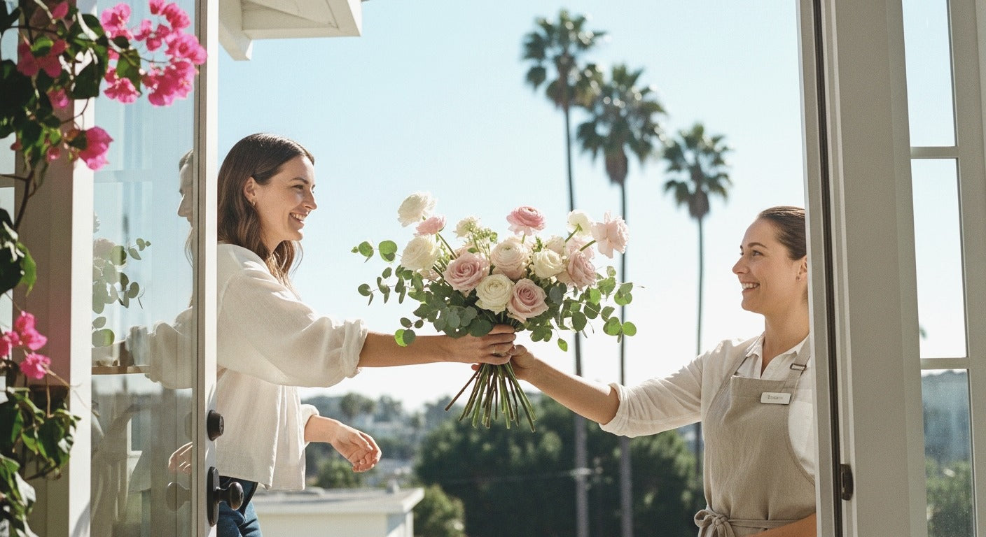 Same-day flower delivery handed to a customer in Santa Monica - Pink Clover