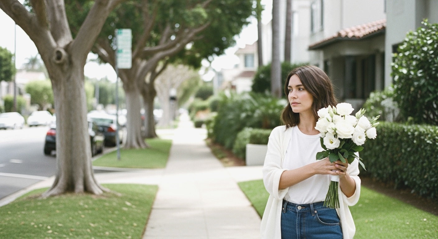 Woman with white sympathy flowers on a Santa Monica street - Pink Clover