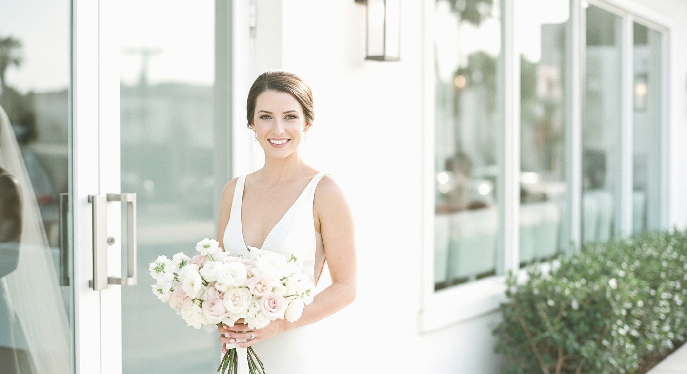 Bride with a white bridal bouquet in Santa Monica - Pink Clover