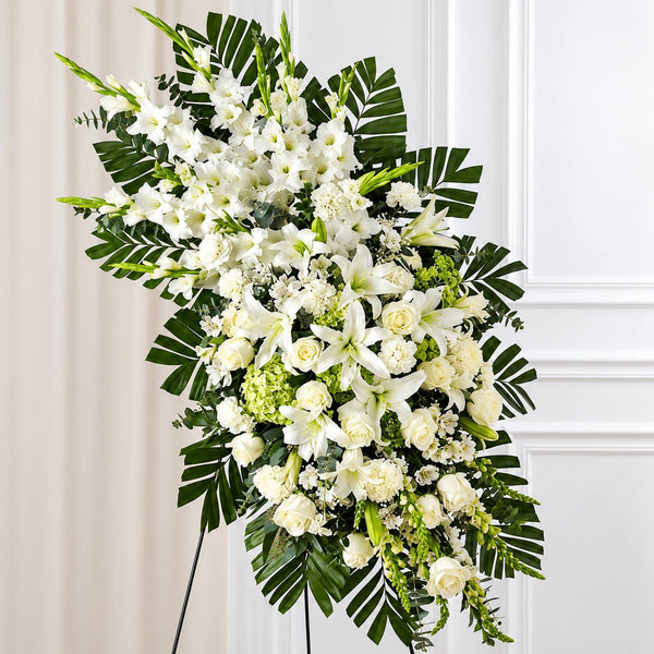 White standing sympathy spray with lilies, roses and gladiolus — Los Angeles funeral flower delivery