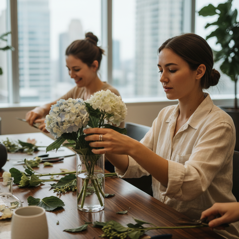realistic cinematic picture close up of young women making hydrangea flower arrangement on a floral team building workshop in a dark modern office with a marble and wooden modern design and some plants