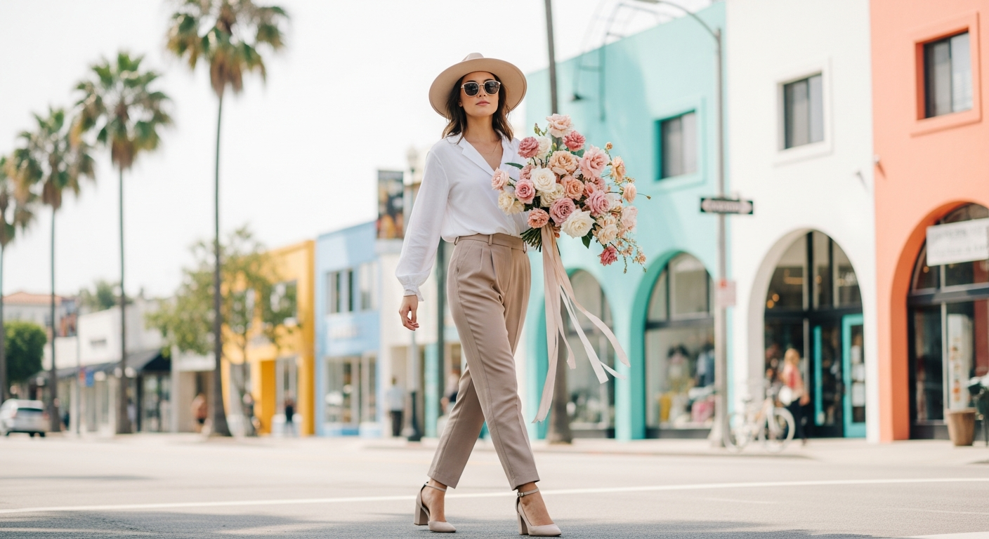Woman with flowers on Abbot Kinney Venice - Pink Clover