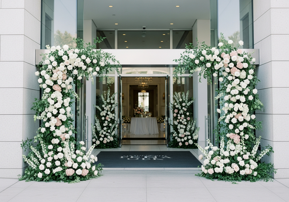 Pink Clover Grande Floral Entrance: Lush white roses, pink hydrangeas, delphinium, greenery arches. Elegant event