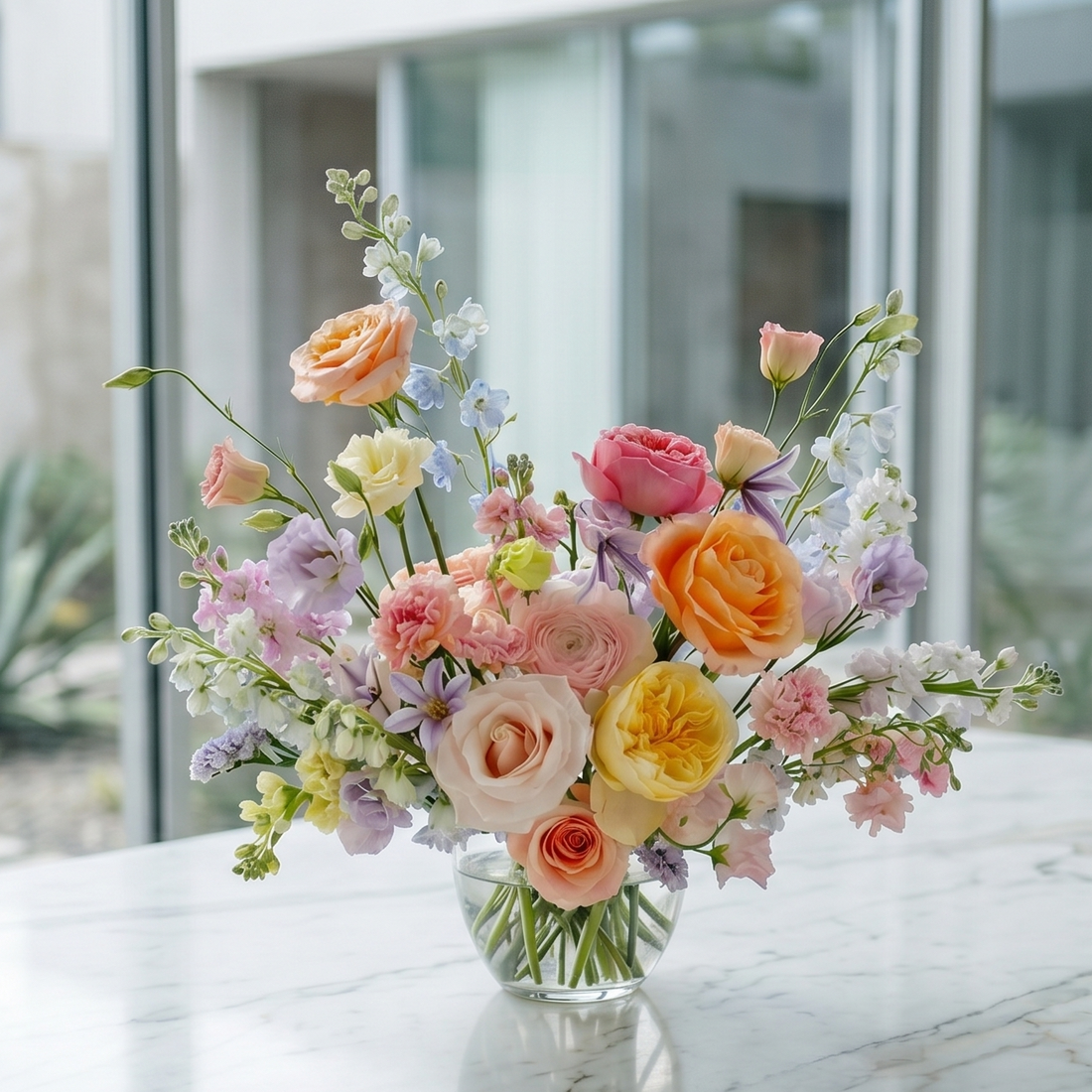 Pastel Glass Centerpiece - Bridal Bouquets delivery in Los Angeles by Pink Clover Flowers