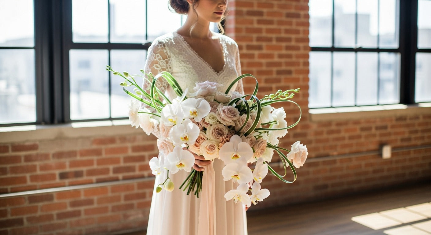 Modern architectural bridal bouquet in a Downtown LA industrial loft — Pink Clover wedding florist DTLA