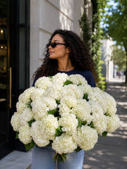 White Cloud white hydrangea bouquet held on a Los Angeles street — Pink Clover