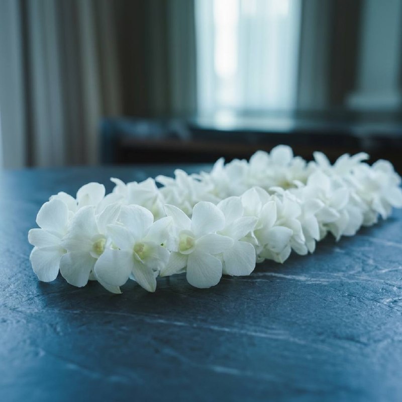 White orchid graduation lei hand-strung from white dendrobium orchids — Los Angeles same-day delivery, Pink Clover