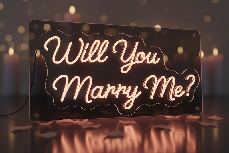 Pink Clover "Will You Marry Me" neon sign with scattered light pink rose petals, romantic proposal style Los