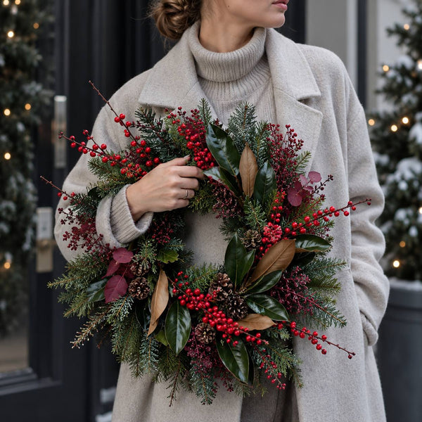 Woman in a coat holding a holiday wreath, wreath subscription Los Angeles