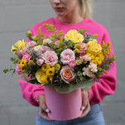 Marta close-up detail - pink and yellow flower box from Pink Clover LA