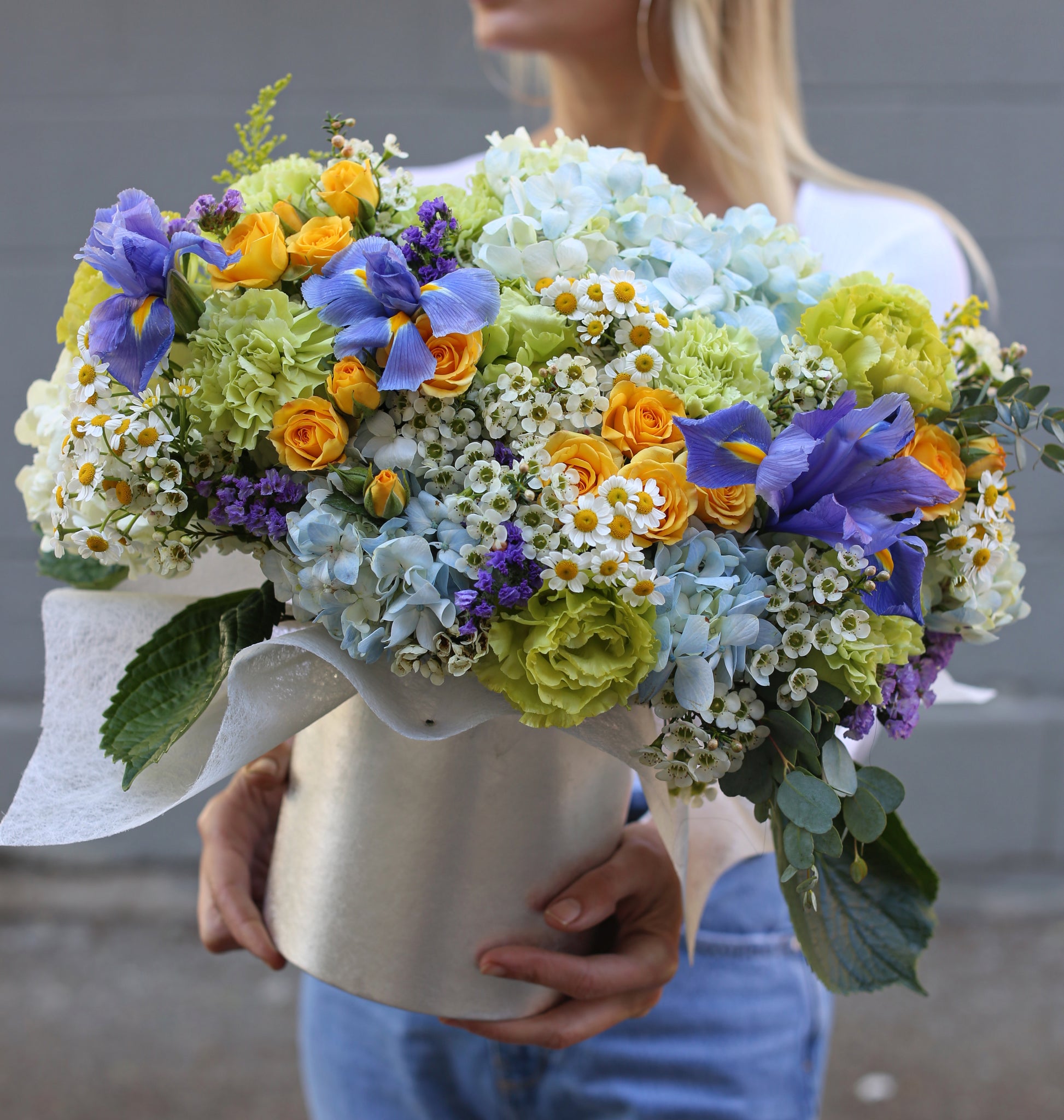 Sofia styled in setting - luxury flower box Los Angeles florist