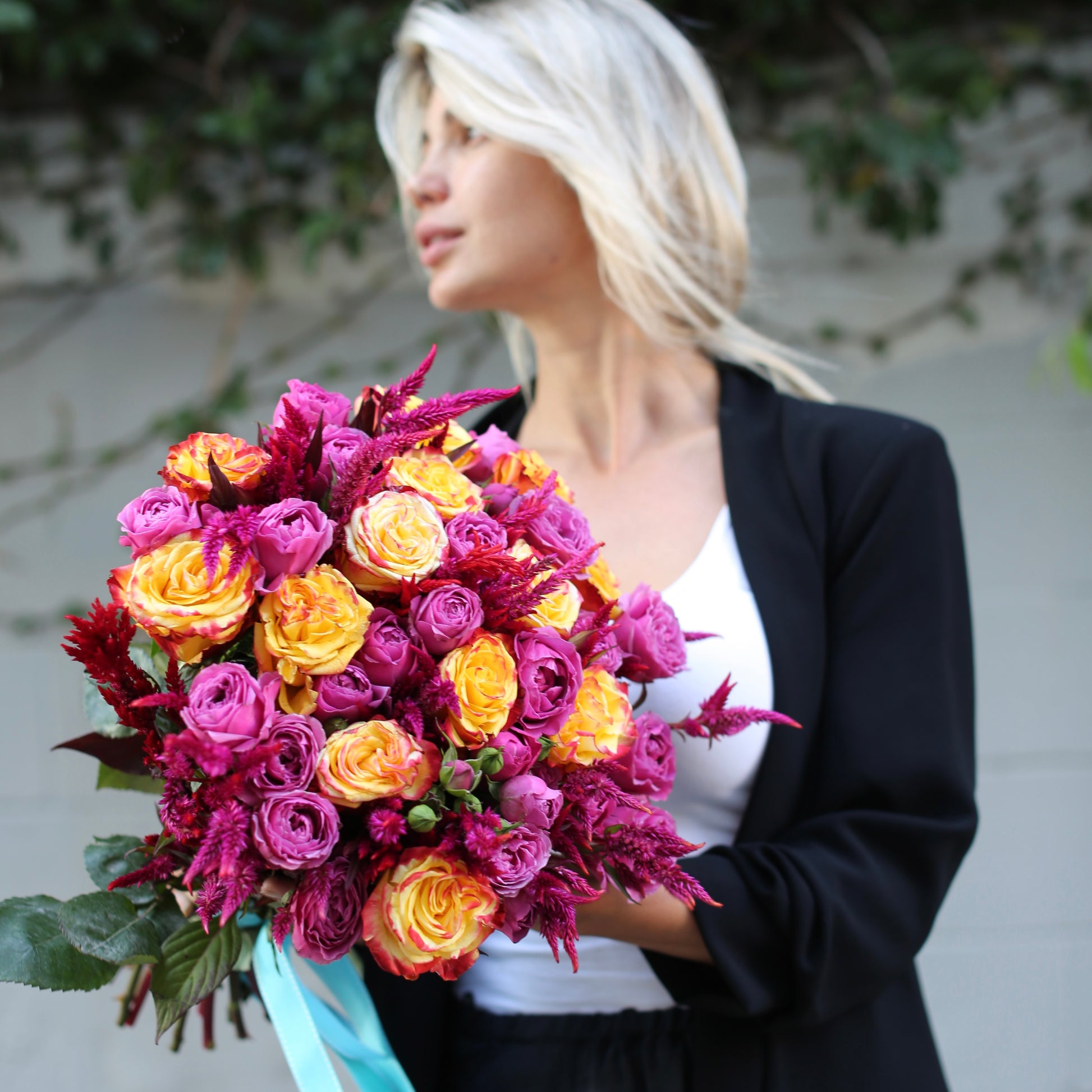 Elegant mix of lavender and golden yellow roses in a hand-tied arrangement, ideal for premium gifting and seasonal celebrations