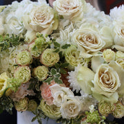 Ficta close-up detail - white and green flower box from Pink Clover LA