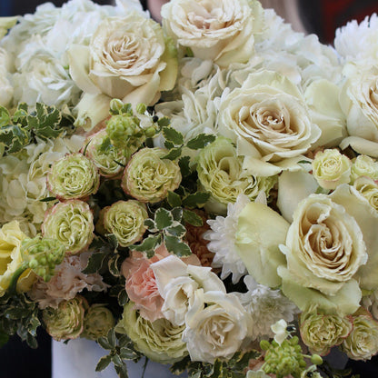Ficta close-up detail - white and green flower box from Pink Clover LA