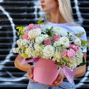 Hemena arrangement styled in setting - luxury flower box Los Angeles florist