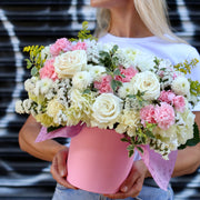Hemena close-up detail - pink and white flower box from Pink Clover LA