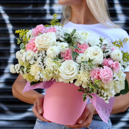 Hemena close-up detail - pink and white flower box from Pink Clover LA