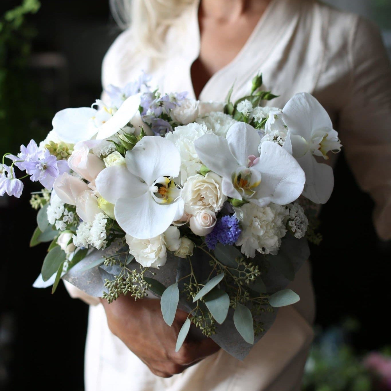 Lucie(White orchids with carnations and English roses arrangement ) - Los Angeles Florist - Pink Clover