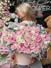 Handcrafted Pink Heaven floral gift with fresh pink blooms and greenery, styled for a refined and sentimental presentation