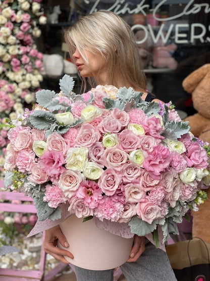 Handcrafted Pink Heaven floral gift with fresh pink blooms and greenery, styled for a refined and sentimental presentation